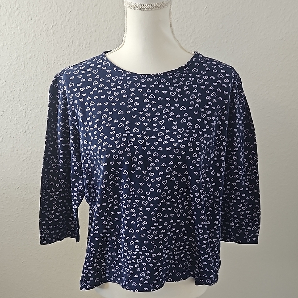 Kim Rogers Navy Blue Heart Print Women's Top In 100% Cotton. NWOT